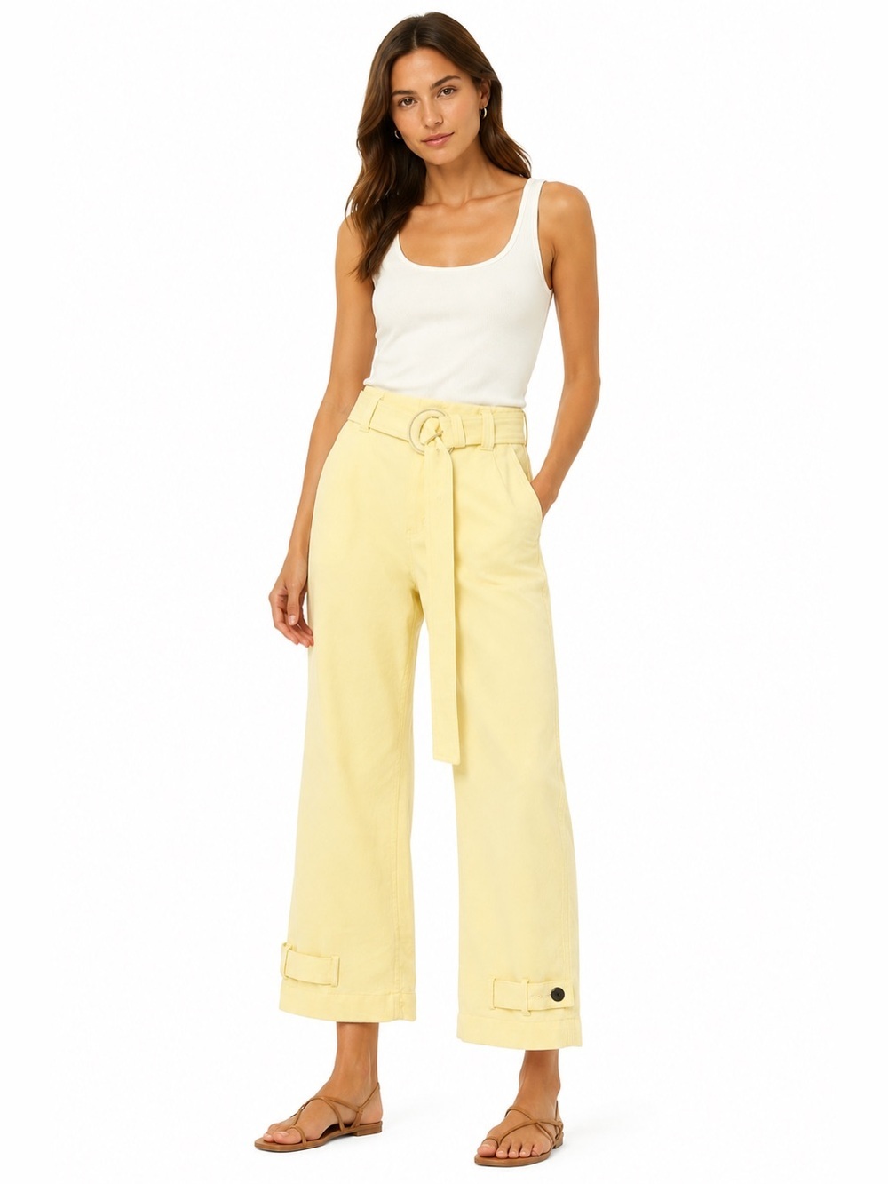 Proenza Schouler Wide Leg Belted Pants Pale Yellow High Rise Trousers Size 4